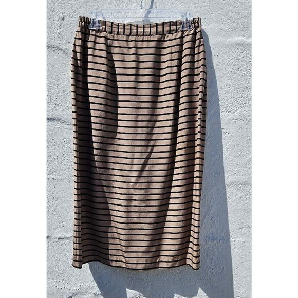 Vintage Blazer Skirt Set Womens 14 Tan Silk Black Striped Jacket Top Retro 80s - Picture 4 of 13